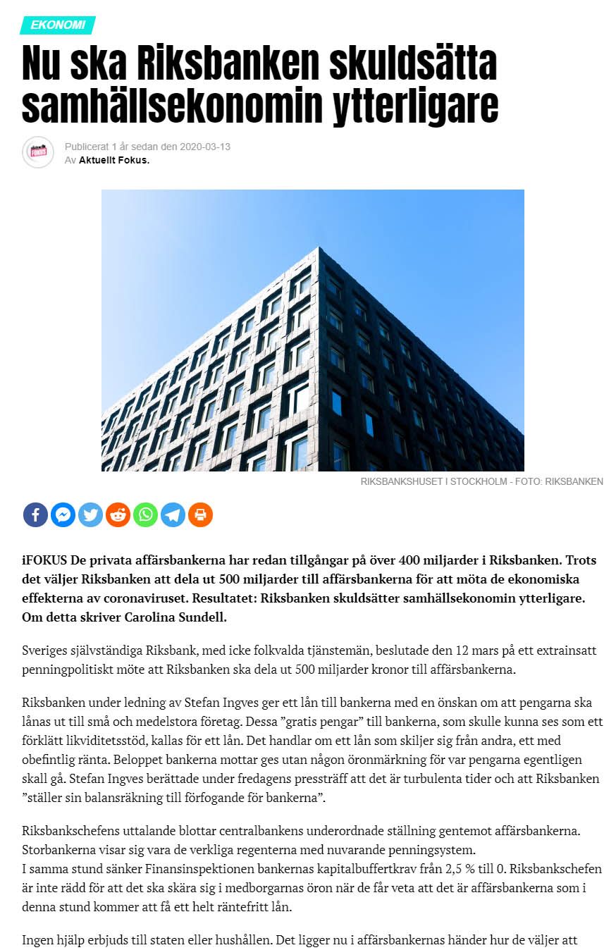 Kommentar, Riksbankens stödinsatser i Coronatider