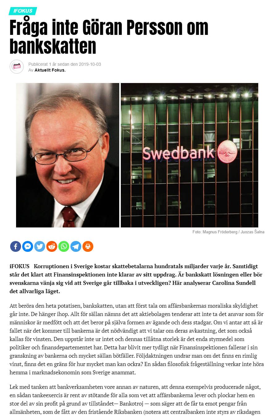 Artikel, Göran Persson om bankskatt