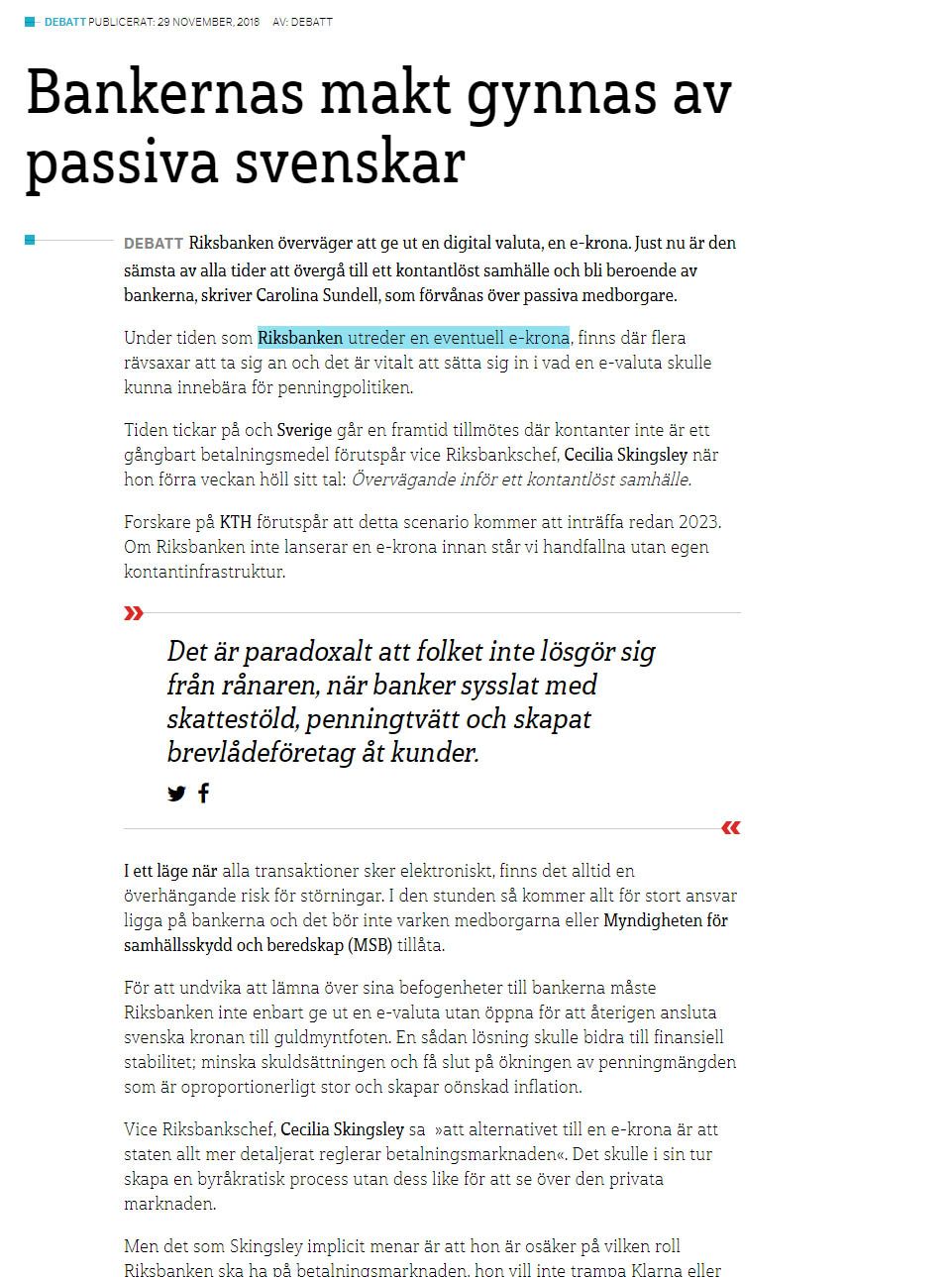 Artikel, storbankernas makt i samhället