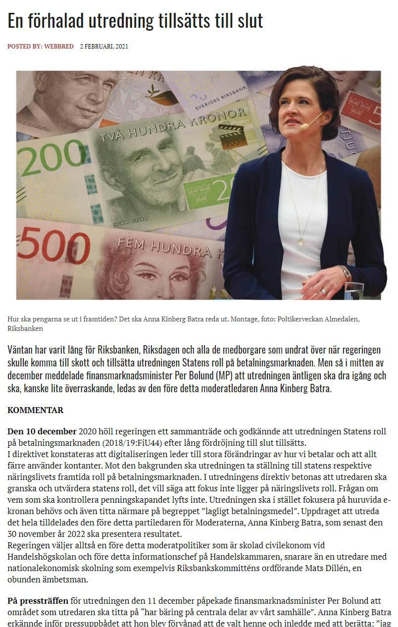 Artikel, utredning om Statens roll på betalningsmarknaden