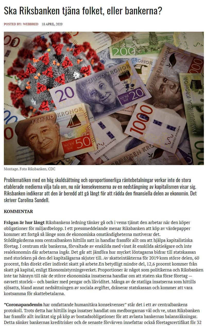 Artikel, vem tjänar Riksbanken?